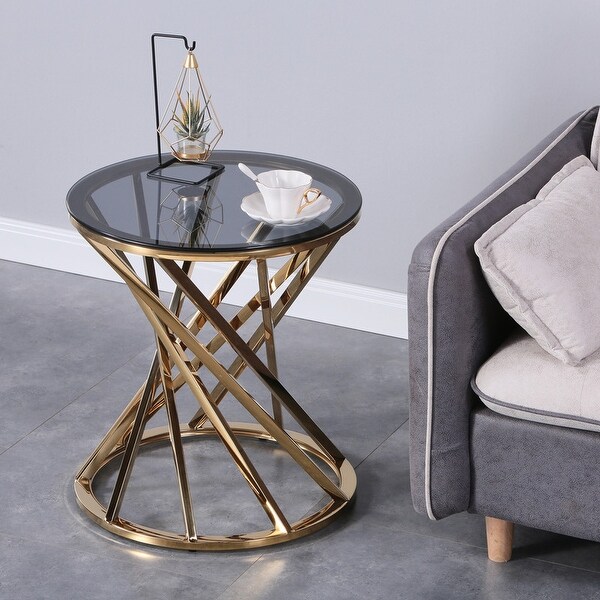 Round Glass Top Side Table with Stainless Steel Frame for Living Room, Modern Spiral Center Table Small Coffee Table End Table