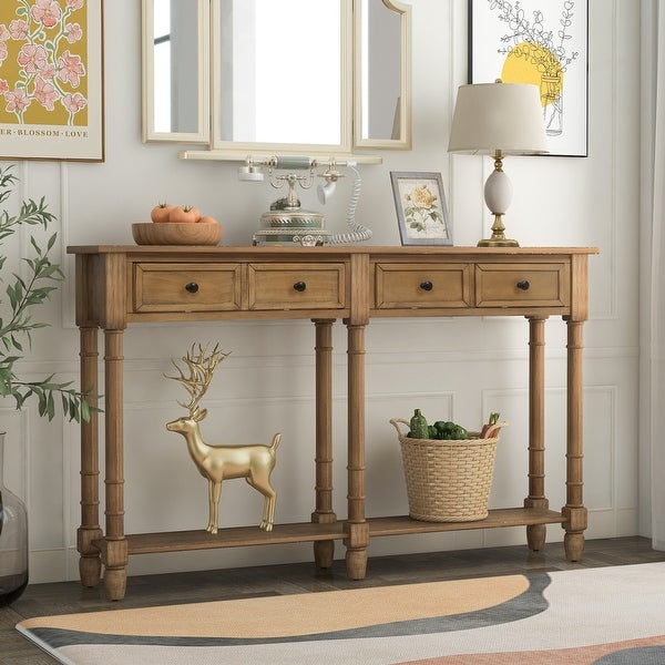 Rustic Console Table with 2 Storage Drawers and Round Deco Knob, Sofa Table with 1 Bottom Storage Shelf