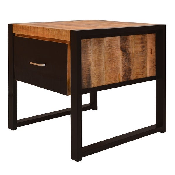 24 Inch Single Drawer Wooden Side Table with Metal Frame, Brown and Black