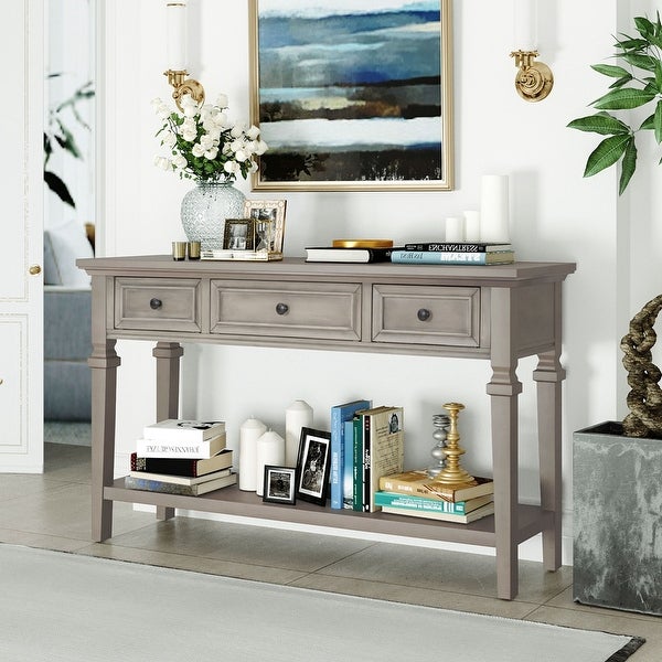 Classic Retro Style Console Table with Three Top Drawers and Open Style Bottom Shelf, Easy Assembly
