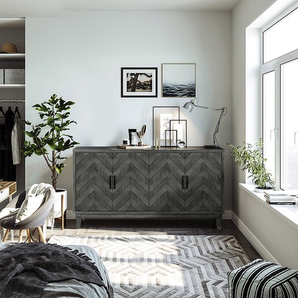 Accent Storage 4 Door Wooden Cabinets,Antique Dark Grey Colour Wood Cabinet Vintage Style Sideboard