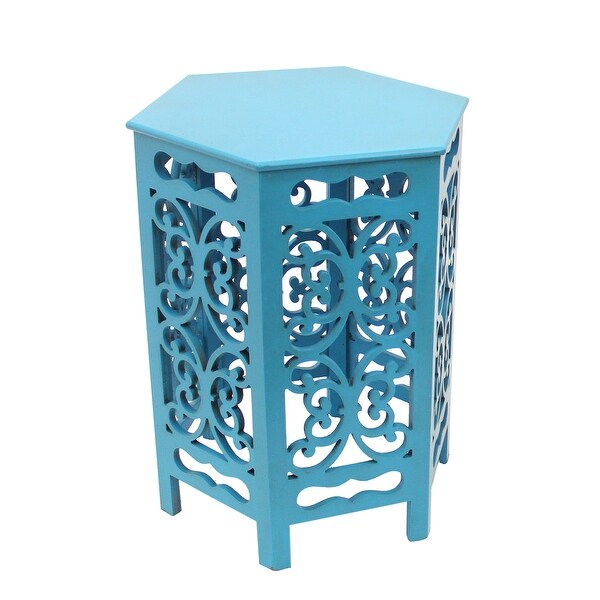 2 Piece Hexagonal Wooden Side Table with Cut Out Details, Red and Blue
