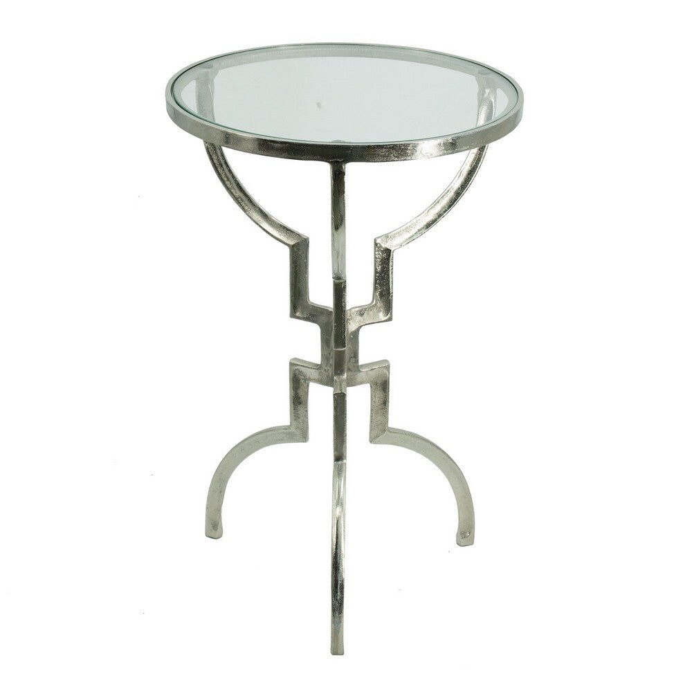 24 Inch Accent Side Table, Smooth Glass Top, Hourglass Base, Silver Finish - 15.7L x 15.7W x 23.6H, in inches