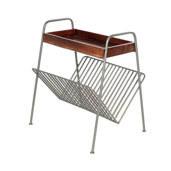 25 Inch Rectangular Metal Frame Side Table, Magazine Rack, Mango Wood Tray Top, Brown, Pewter Gray