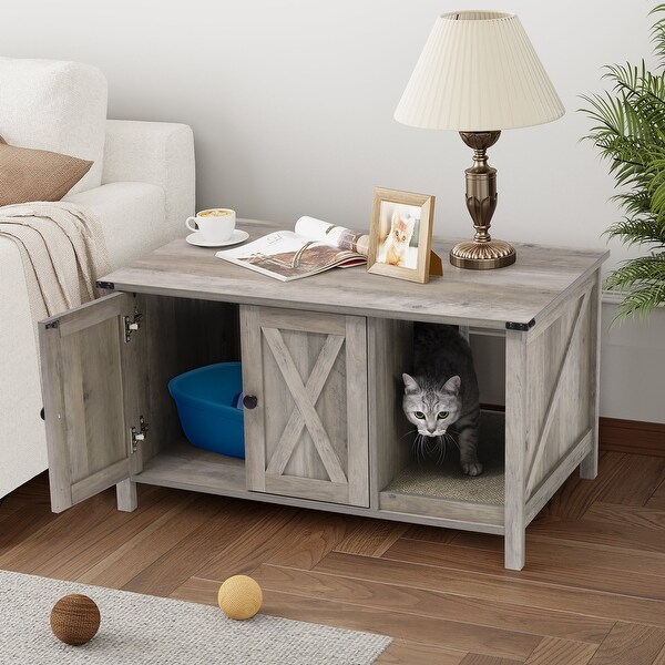 Cat Litter Box Enclosure, Hidden Wood Cat Washroom Furniture with Scratching Post - 33.6