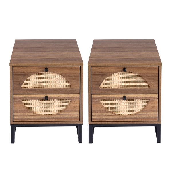 Rattan Nightstand Set of 2, Walnut End Table with 2 Natural Rattan Drawer and Metal Legs