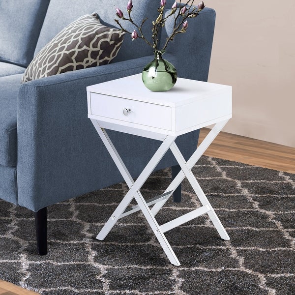 Wood and Metal Side Table with Crossed Base, White and Silver