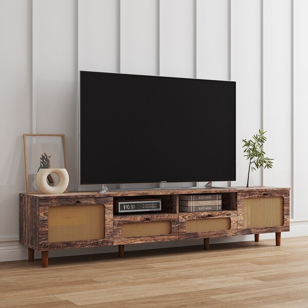 Farmhouse Rattan TV Stand Wood Media Entertainment Center Console Table with 2 Doors and 2 Open Shelves
