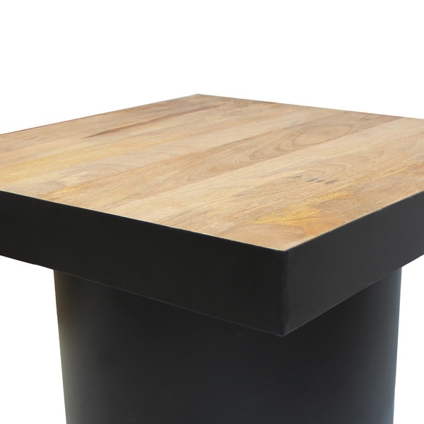 21 Inch Wooden Side Table with Block Metal Base, Brown and Black