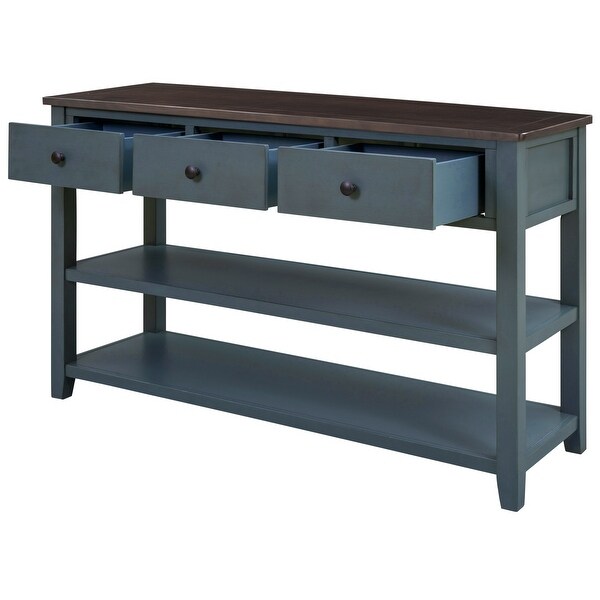 Mid-Century Style Console Table with 3 Drawers 2 Open Shelves, Modern Sofa Table with Solid Wood Frame and Legs for Living Room