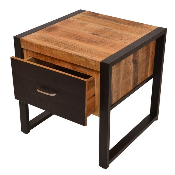 24 Inch Single Drawer Wooden Side Table with Metal Frame, Brown and Black
