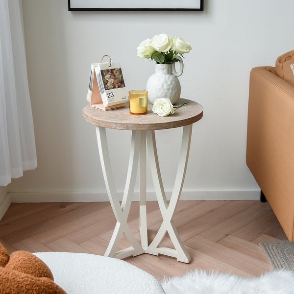 Farmhouse Round End Table, Rustic Wood Side Table for Living Room/Bedroom, White/Natural