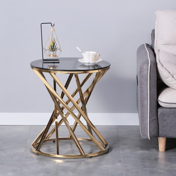 Round Glass Top Side Table with Stainless Steel Frame for Living Room, Modern Spiral Center Table Small Coffee Table End Table