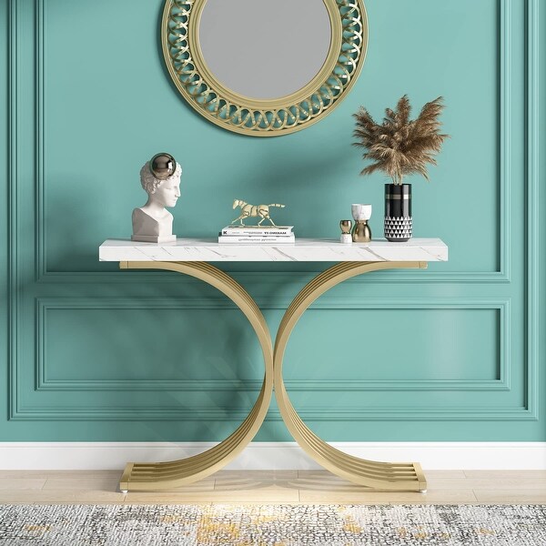 Gold Entryway Console Table with Metal Base, Modern foyer Entry tables, Narrow Sofa Accent Table with Marble Top