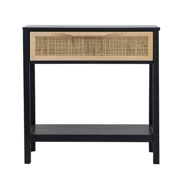 Tia 22 Inch Accent Side Table, Pine Wood, Woven Rattan, 1 Drawer - 22 H x 12 W x 22 L Inches