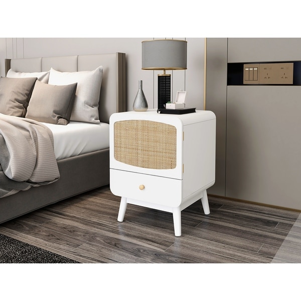 White Nightstand, Bedside Table with Storage Drawe Rattan Door