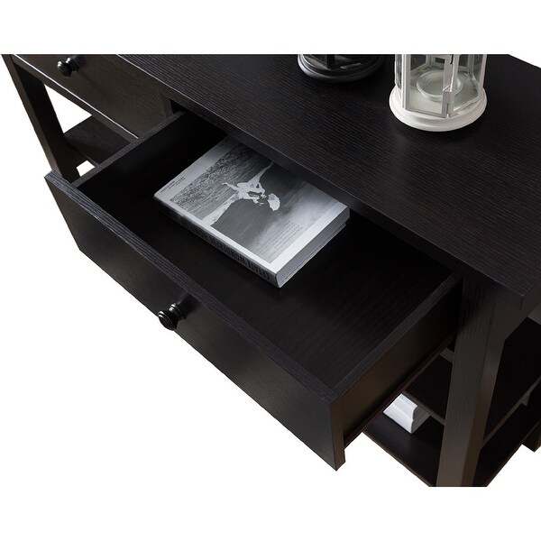 Two Drawer Console Table with Two Open Shelves and Block Legs, Dark Brown