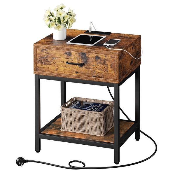 Nightstand-Bedside Table with Charging Station Type-CandUSB Ports, Modern End Table