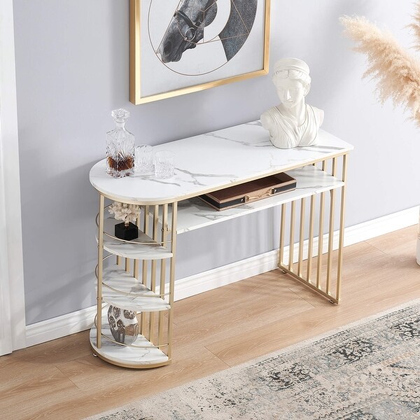 Ivinta Console Table with Storage, White Gold Entryway Table with Shelves, Gold Sofa Table for Living Room, Hallway