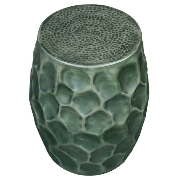Jed 20 Inch Handcrafted Industrial Round Side Table, Aluminum, Hammered Texture, Antique Burnt Green