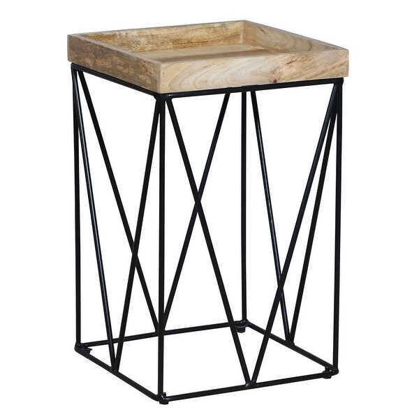 24 Inch Industrial End Side Table, Mango Wood Square Tray Top, V Shape Iron Accent, Brown, Black - 24