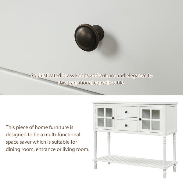 Farmhouse Distressed Sideboard Buffet Console Table with 2 Glass Front Cabinets, 2 Drawers and Slatted Bottom Shelf