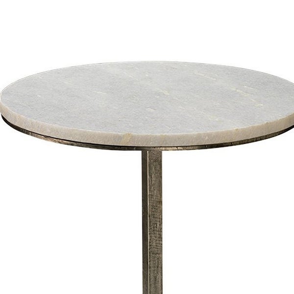 22 Inch Accent Side Table, Round Marble Top, Curved Metal Tripod Base, Gray