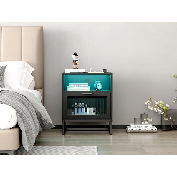 Nightstand with LED Lights Drawer, Black Bedside Table for Bedroom