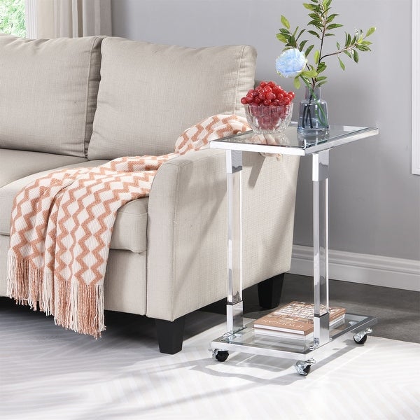 Glass Top C Shape Side Table with Wheels Acrylic Plant End Table for Living Room,Bedroom,Small Spaces
