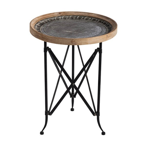 25 Inch Classic Round Side Table, Wood Top, Metal Frame, Vintage, Brown