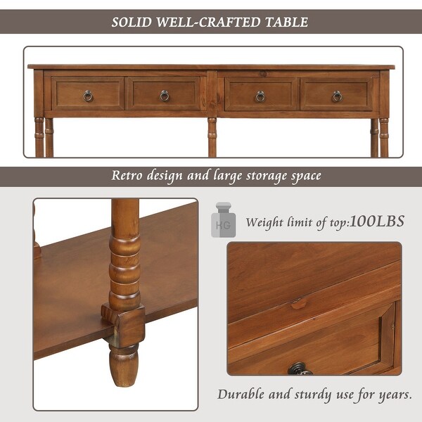Rectangular Console Table Sofa Table with Drawers and Long Shelf, Walnut