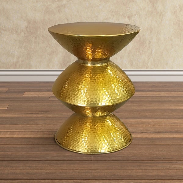 21 Inch Round Aluminum Side End Table, Hammered Embossed Metal Surface, Turned Pedestal Base, Gold - 14.5 L x 14.5 W x 20.5 H
