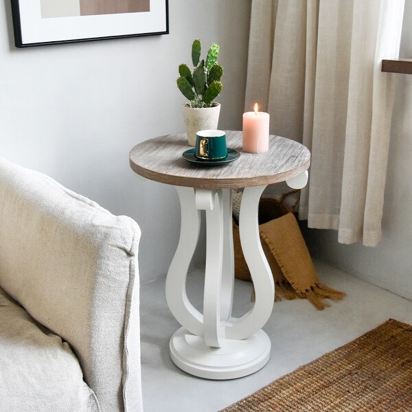 Farmhouse Round End Table, Rustic Wood Side Table for Living Room/Bedroom, White/Natural