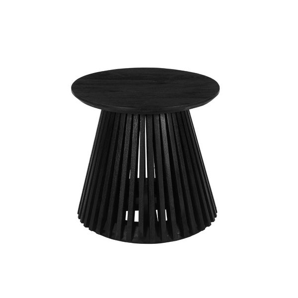 Ridge 20 Inch Handcrafted Mango Wood Round End Side Table, Slatted Flared Base, Black - 19 H x 20 W x 20 L Inches