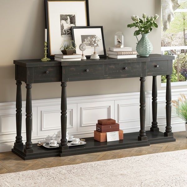 Retro Senior Console Table with 4 Front Facing Storage Drawers and a Shelf, Entryway Table for Entryway, Hallway, Living Room