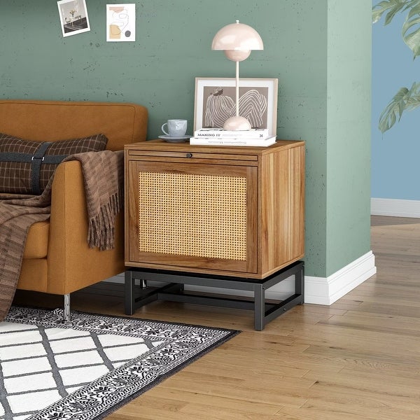 Natural 1 Rattan Door Cabinet, End Table, Sofa Side Table, Nightstand with Adjustable Pull Plate and Metal Base