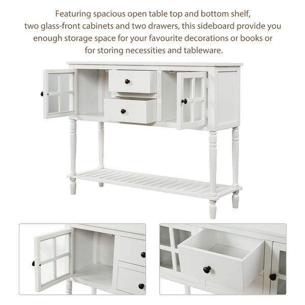Farmhouse Distressed Sideboard Buffet Console Table with 2 Glass Front Cabinets, 2 Drawers and Slatted Bottom Shelf