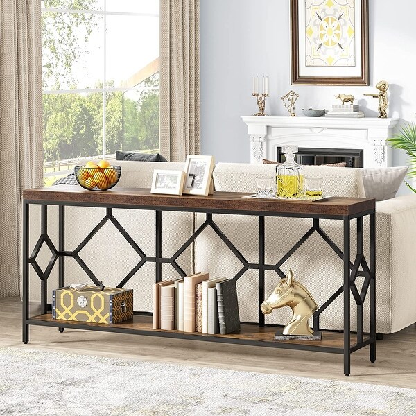 71 Inch Extra Long Console Table, Industrial Narrow Sofa Table Entry Table Behind Couch Table with Open Storage Shelf