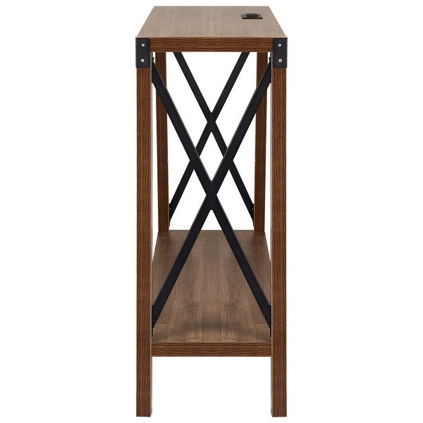 Industrial Rectangular Wood Console Table with AC Power and USB Charging Ports, Walnut