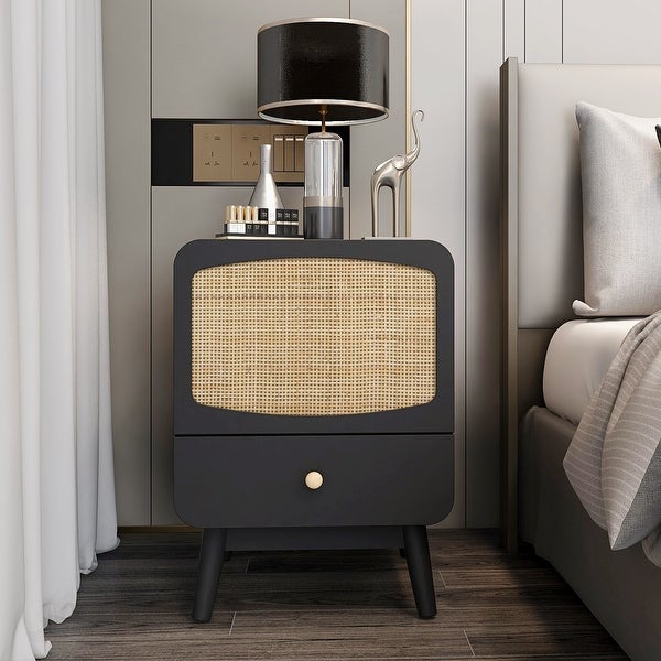 Black Nightstand, Bedside Table with Storage Drawe Rattan Door