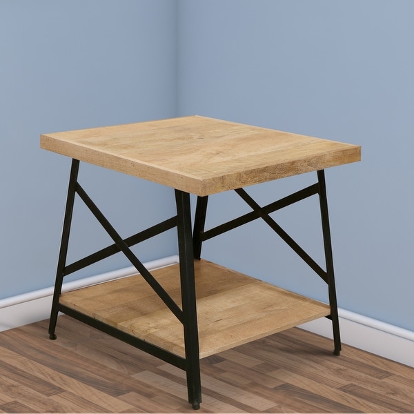 Rectangle Side Table with Open Bottom Shelf and Metal Legs, Brown and Gray
