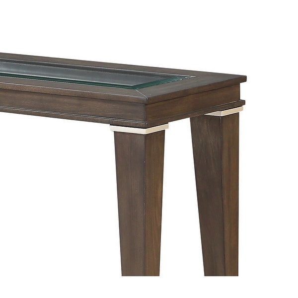 Wood and Glass Side Table with Cut Out Design, Brown