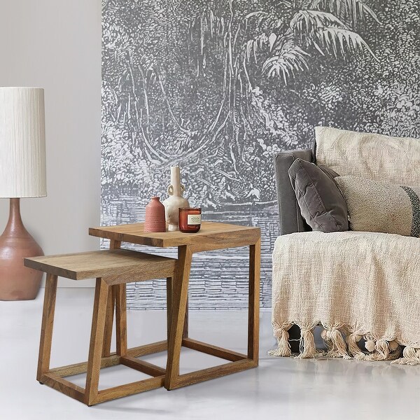 18, 15 Inch Rectangular 2 Piece Mango Wood Nesting Side Table Set with Grain Details, Brown