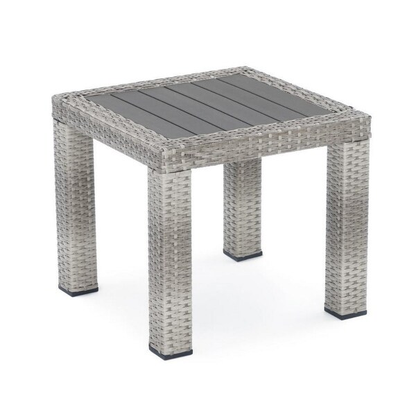 Max 20 Inch Outdoor Side Table, Gray Faux Wood Frame, Woven Resin Wicker - 19 H x 20 W x 20 L Inches