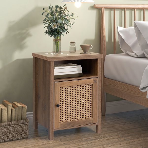 Bedside Cupboard,Bedside Table, Drawer Cabinet, Single Door Side Cabinet, Rattan Cabinet Door, Yellow