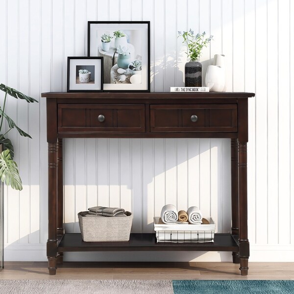 Daisy Series Traditional Design Console Table with 2 Drawers and Open Style Bottom Shelf, Wood Entryway Table for Living Room