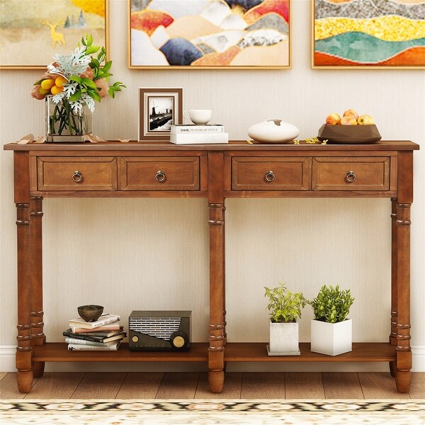 Control table with 2 drawers and bottom shelf, farmhouse couch table with solid wood tapered legs