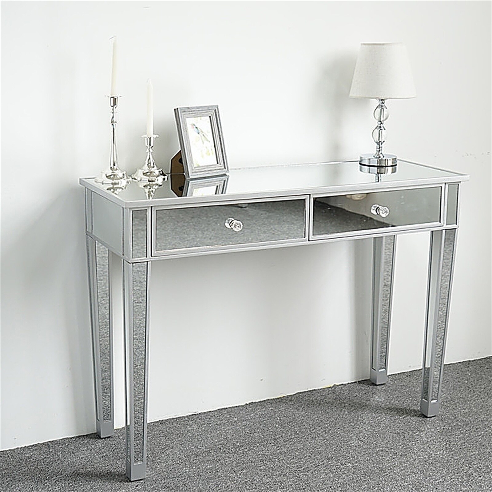 Mirrored 2-Drawer Media Console Table, Makeup Table Desk Vanity for Women Home Office Writing Desk Smooth Matte Silver Finish