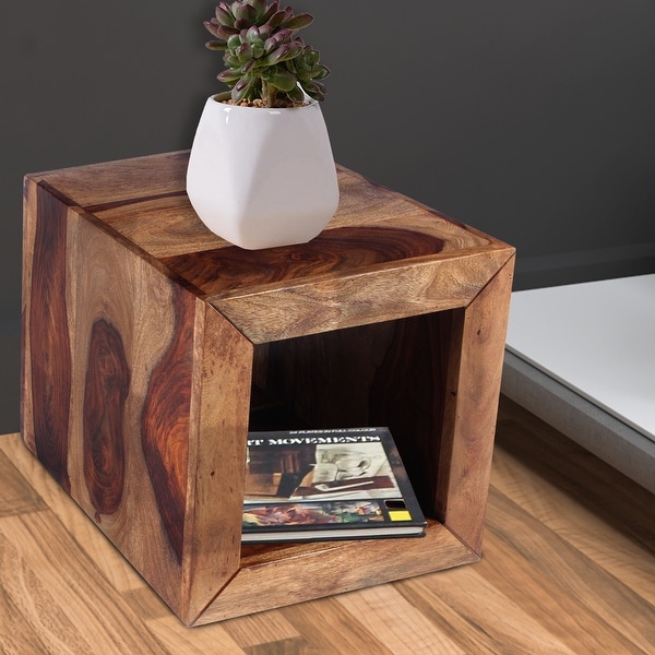 Cube Shape Rosewood Side Table With Cutout Bottom, Brown - 8' x 10'