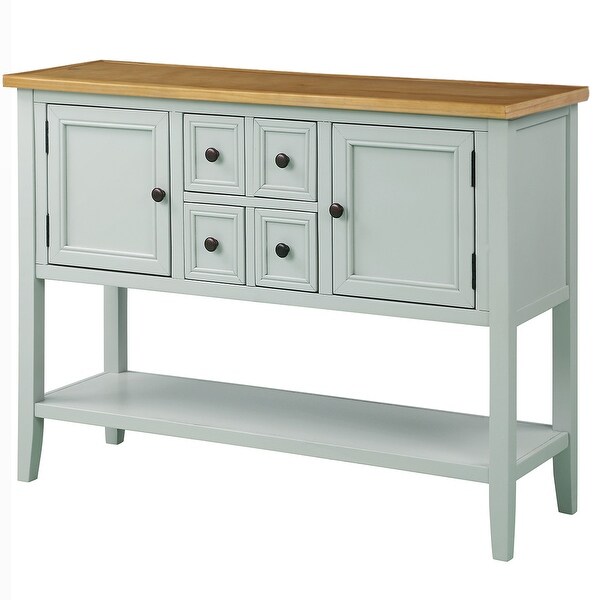 Wooden Console Table with 4 Storage Drawers and 2 Cabinets, Sofa Table with Bottom Shelf and Solid Wood Legs, Lime White